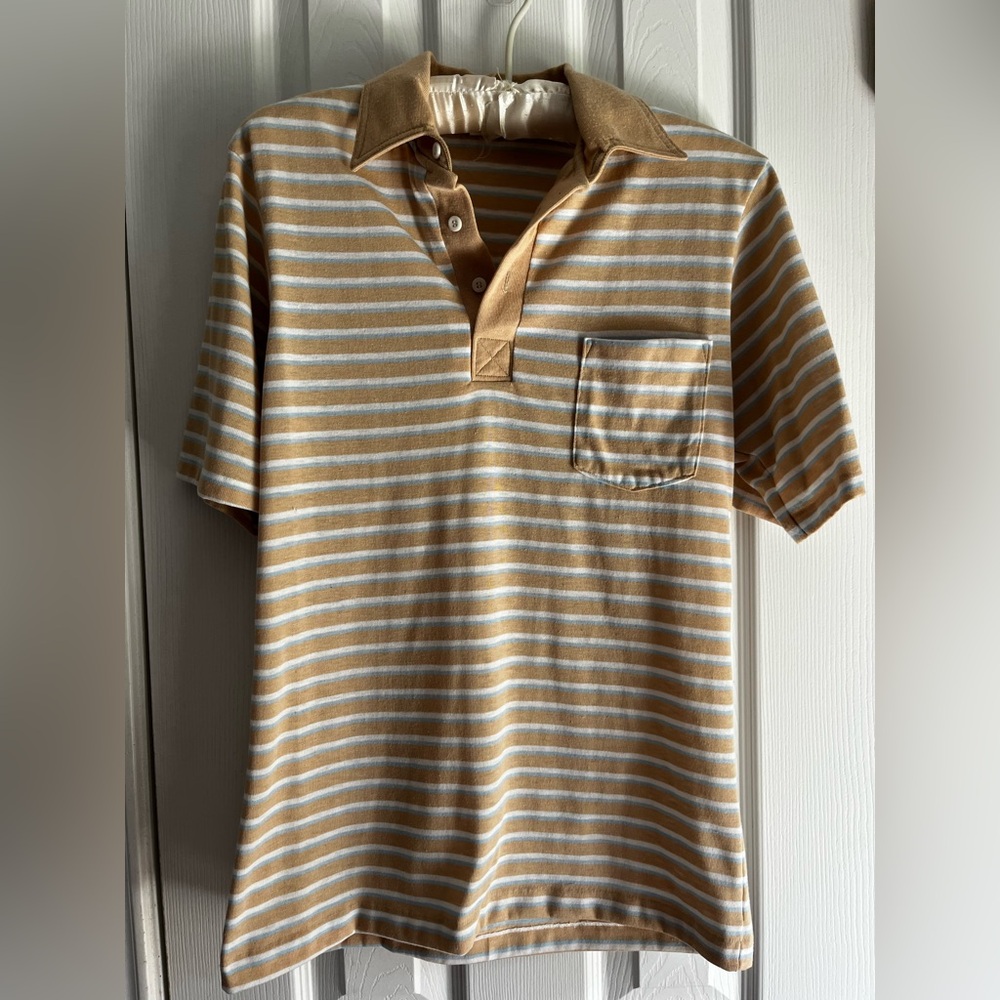 Wrangler vintage  Striped Polo Shirt Beige Blue Short Sleeve men’s size medium‎
